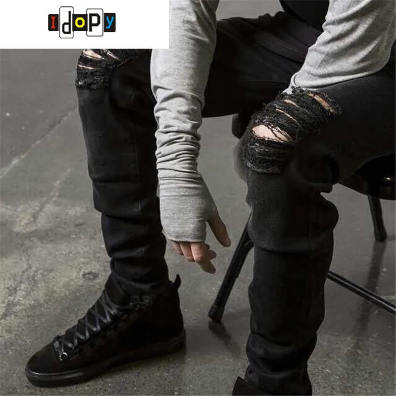Idopy Swag мужские дизайнерские брендовые черные джинсы скинни рваные Стрейчевые