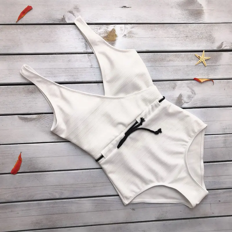 Striped Bubble Cloth V-Neck Bikini With Rope Decoration High Elastic Swimsuit One Conservative Swimwear Women | Спорт и развлечения