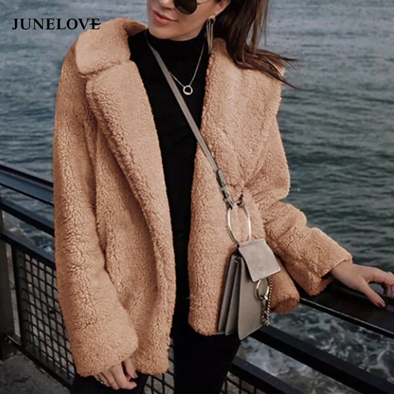 Женское пальто с отложным воротником JuneLove зимняя теплая плюшевая куртка из