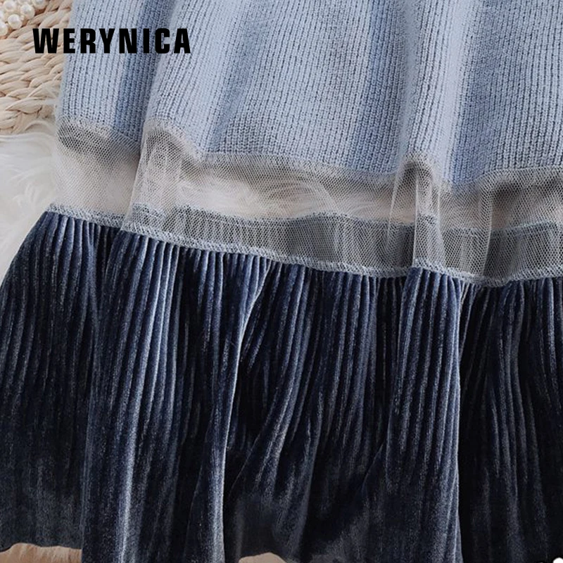 Женское трикотажное платье с поясом Werynica винтажное длинным рукавом и кружевом