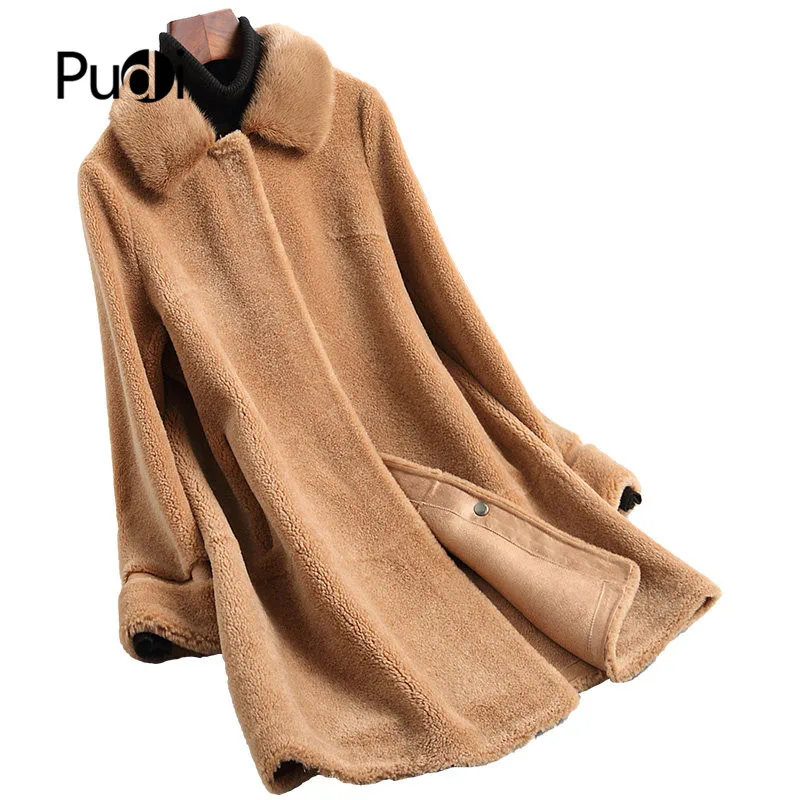 PUDI A19006 Женская Осенняя/зимняя новая модная шерстяная куртка Женская стильная с натуральным норковым меховым воротником шерстяное пальто для отдыха