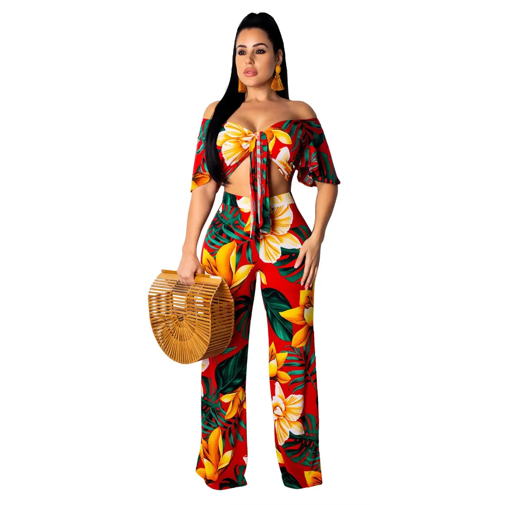 2019 Новая Летняя женская одежда с принтом комплект из 2 предметов укороченный топ