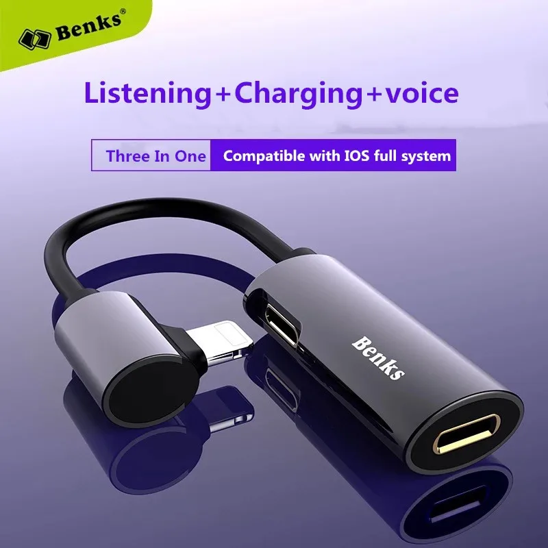 Benks двойное зарядное Освещение Hearphone адаптер 2 в 1 быстрая зарядка для Iphone аудио