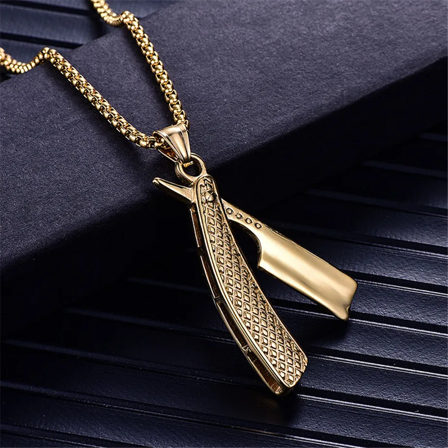 Punk Razor Blade Pendants Necklaces Gold Color Stainless Steel Chain Barber Shop Necklace for Men Jewelry