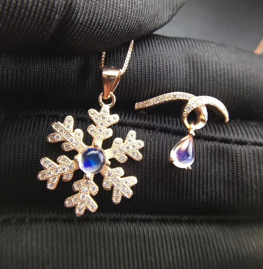 

Natural blue moonstone gem jewelry sets natural gemstone pendant ring 925 silver grace water drop snowflake women party jewelry