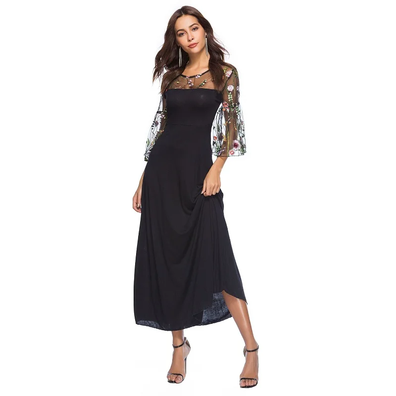 Платье женское WHZHM Сетчатое платье с рукавами фонариками и цветочным