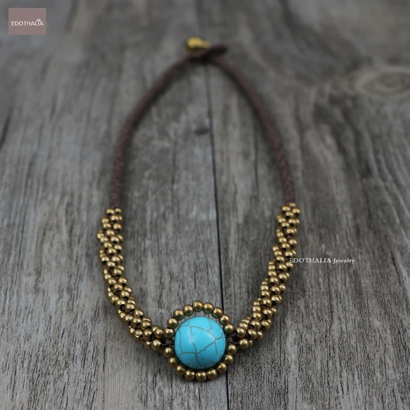 EDOTHALIA Vintage Style Brass Bell Beads Necklaces For Women Chip Blue Stone/ One Big Stone Pendants Maxi necklace Reloj Mujer | Украшения