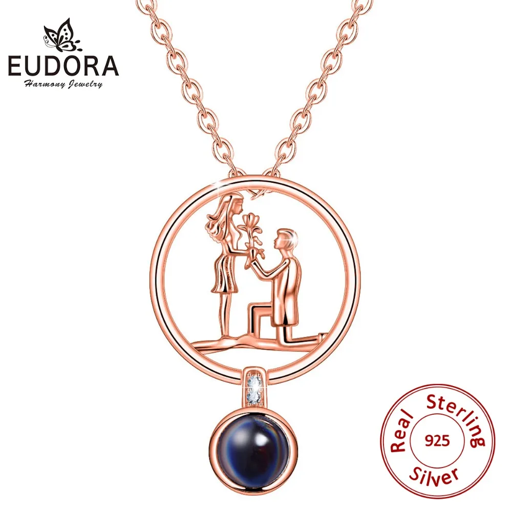 

EUDORA 925 Sterling Silver Rose Gold & Silver 100 languages I love you Projection Pendant Necklace Love Memory Wedding Necklaces