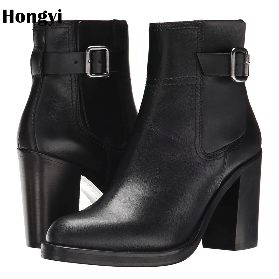 

Hongyi 2018 Autumn Winter Women Ankle Boots high heels Buckle Black leathe platform short booties new black