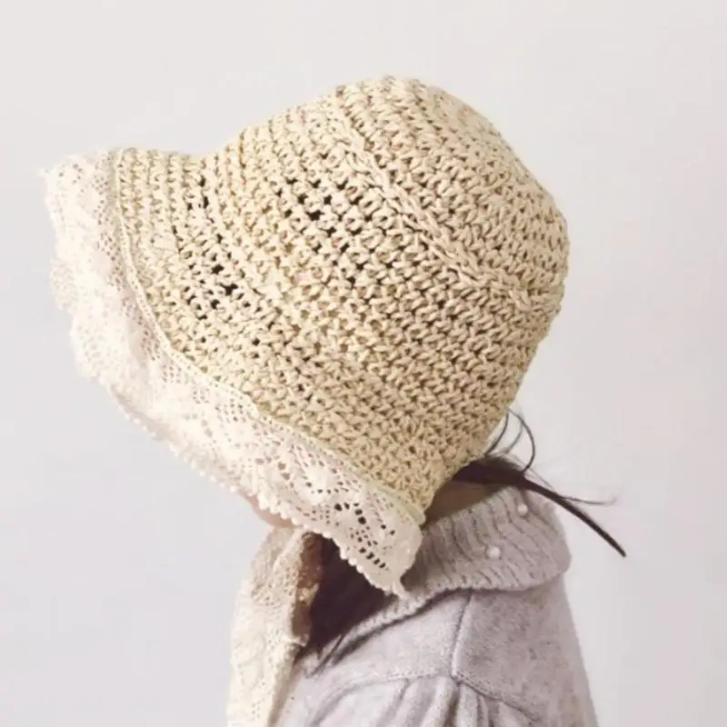 Детская соломенная шляпа ручной вязки для девочек летняя кружевная бандажная с