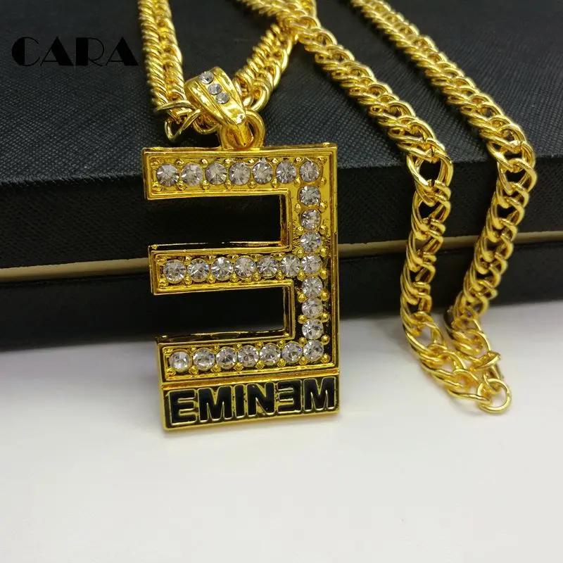 Мужское ожерелье в стиле хип хоп золотое с блестящими стразами подвеской EMINEM
