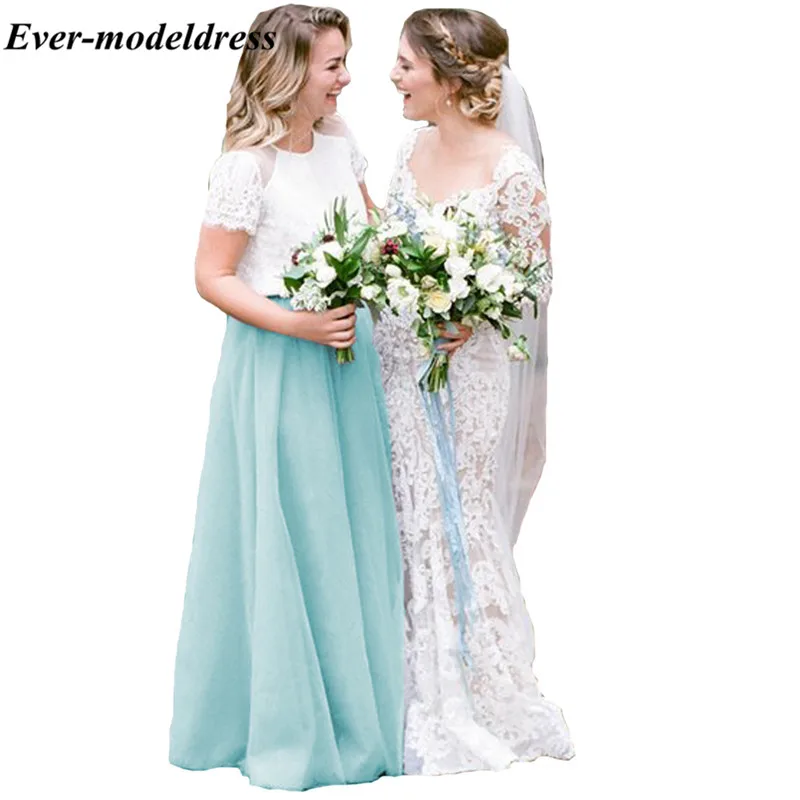

A-Line O-Neck Soft Tull Bridesmaids Dresses Floor Length Lace Long Dress for Country Wedding Party Gowns Prom Dresses 2018