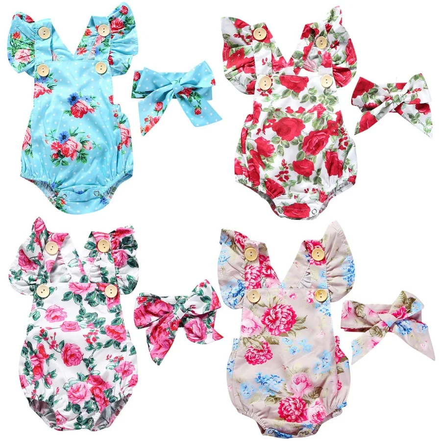 

Floral Baby Girl Bodysuits Hairband Newborn Clothing Set 2PCS Sleeveless Rose Infant Jumpsuit Backless Girls Clothes Outfit Tops