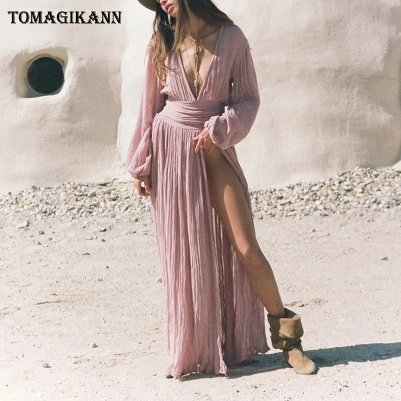 Богемное солидное Плиссированное Макси длинное женское платье 2019 элегантное с