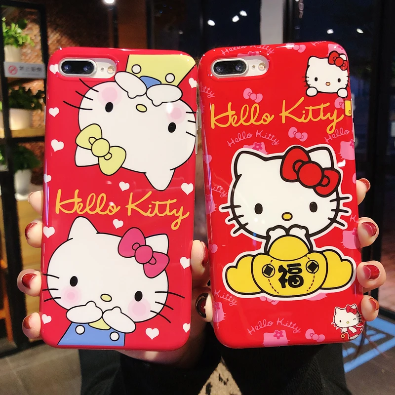 Cute Hello Kitty case For iPhone XS max XR X &amp Tempered Glass Screen film Red KT Soft Cover for 8 8plus 7 7P 6 6S 6SP |