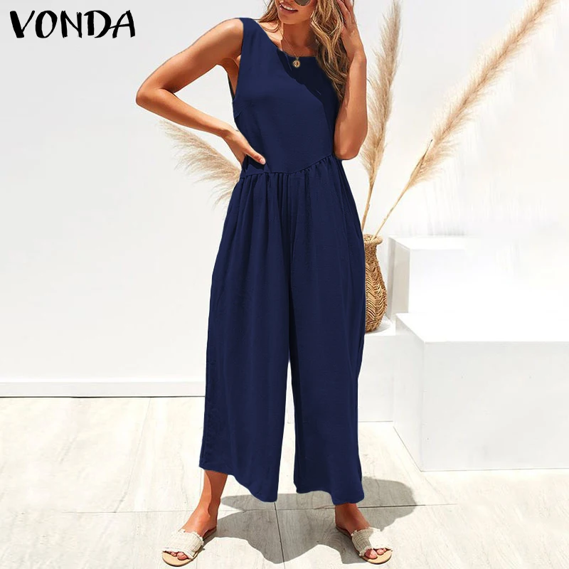 Женские комбинезоны VONDA, летние сексуальные однотонные Свободные Комбинезоны без рукавов, повседневные широкие длинные штаны, брюки