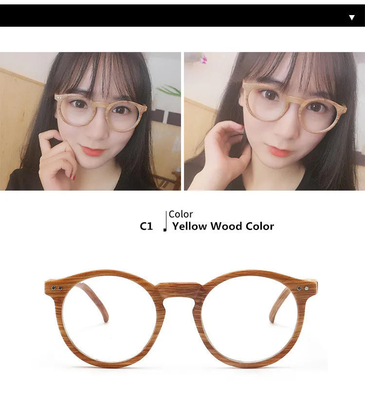 Clear Lens Round Retro Wood Grain Color Glasses Myopia Frame PC Decoration Vintage Optical Glasses Frame For Men and Women