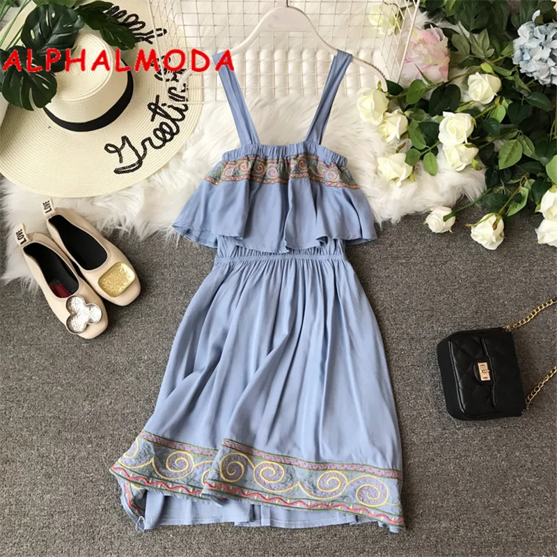 Женское платье на бретельках ALPHALMODA летнее пляжное Повседневное с вышивкой и