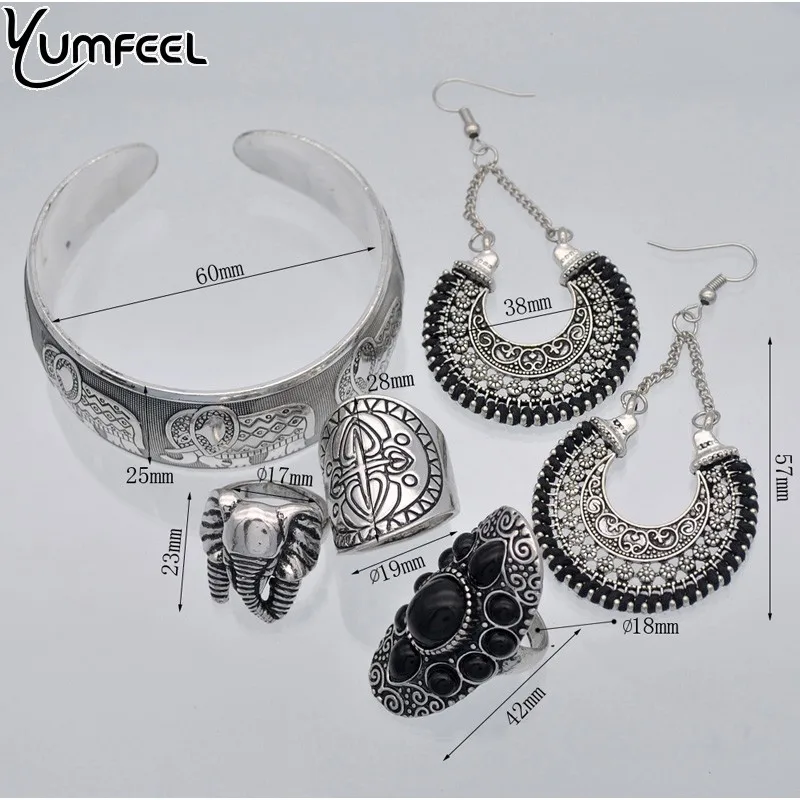 Yumfeel Винтажный ювелирный набор Бохо античный покрытый серебром слон кольцо браслет серьги Ювелирные наборы для женщин
