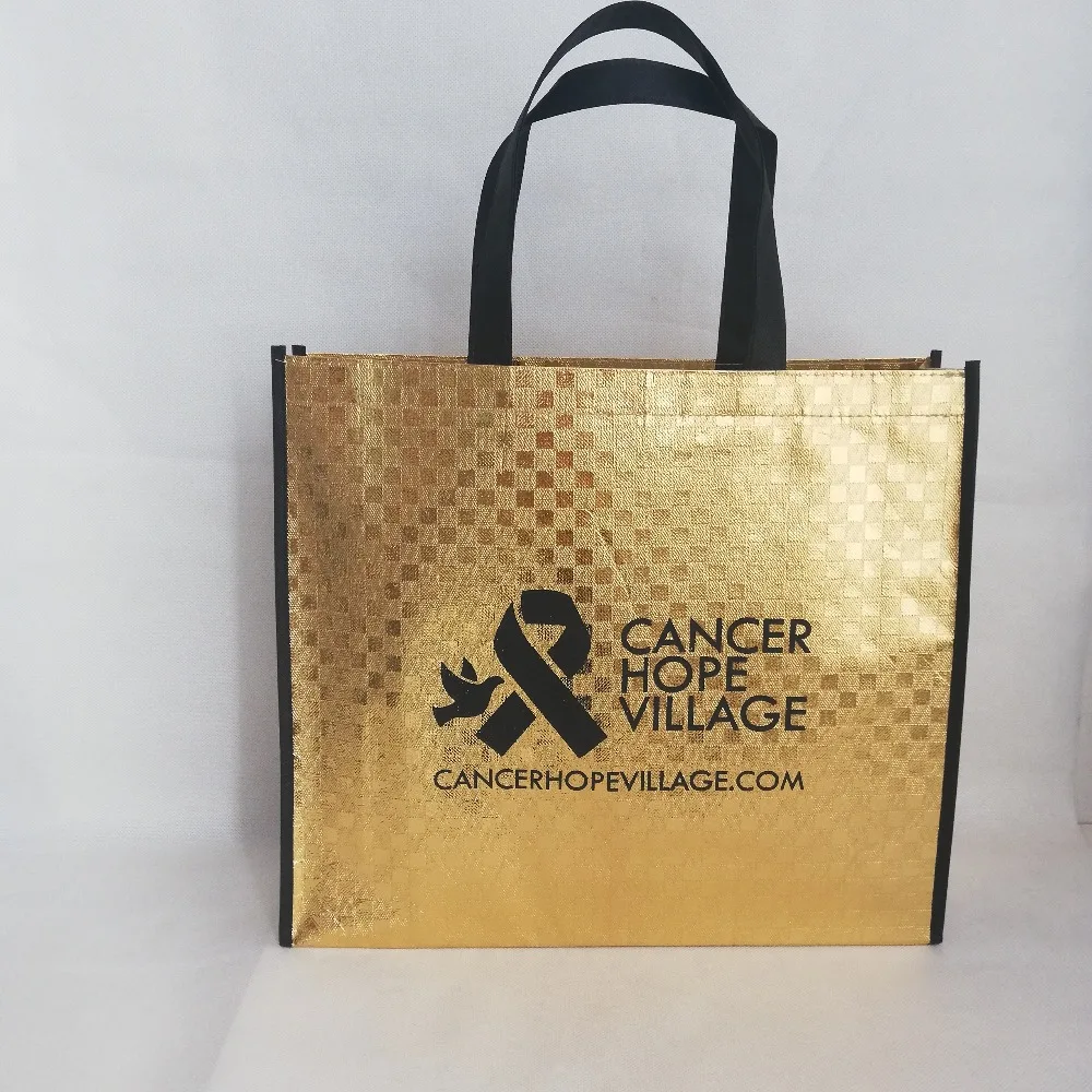 500 шт./лот ламинированные золотые нетканые сумки для покупок через плечо с