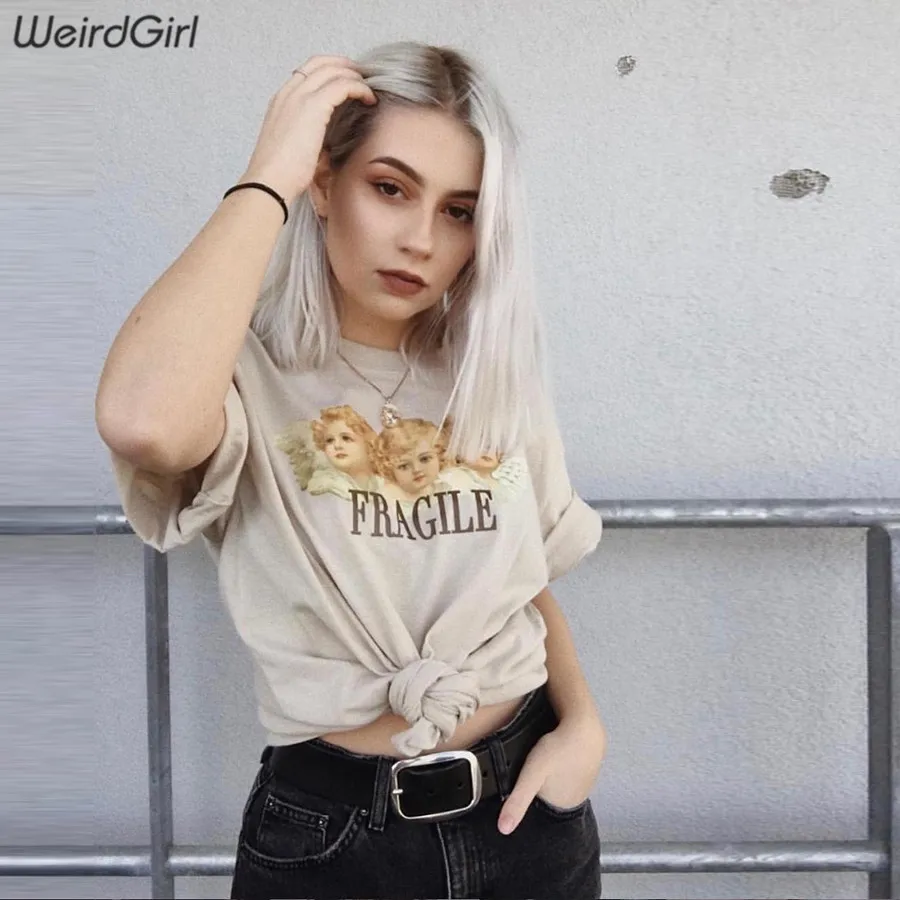 Weirdgirl/повседневные модные футболки с принтом ангела для женщин и малышей; свободные женские футболки цвета хаки с короткими рукавами и круглым вырезом; Новинка года; сезон лето