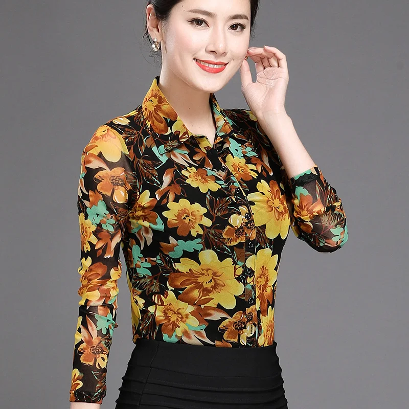 

Autumn Spring Fashion Woman Female Printed Yellow Flower Pattern Full Sleeve Mesh Blouse , 4XL Stretch Blouses Shirts For Women