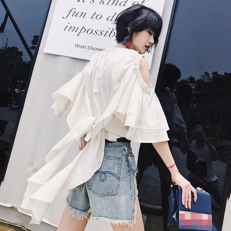 TWOTWINSTYLE Ruffles Short Shirt Female Hollow Out Flare Sleeve Ribbons Lace Up White Blouse Women 2019 Spring Summer Sexy New |