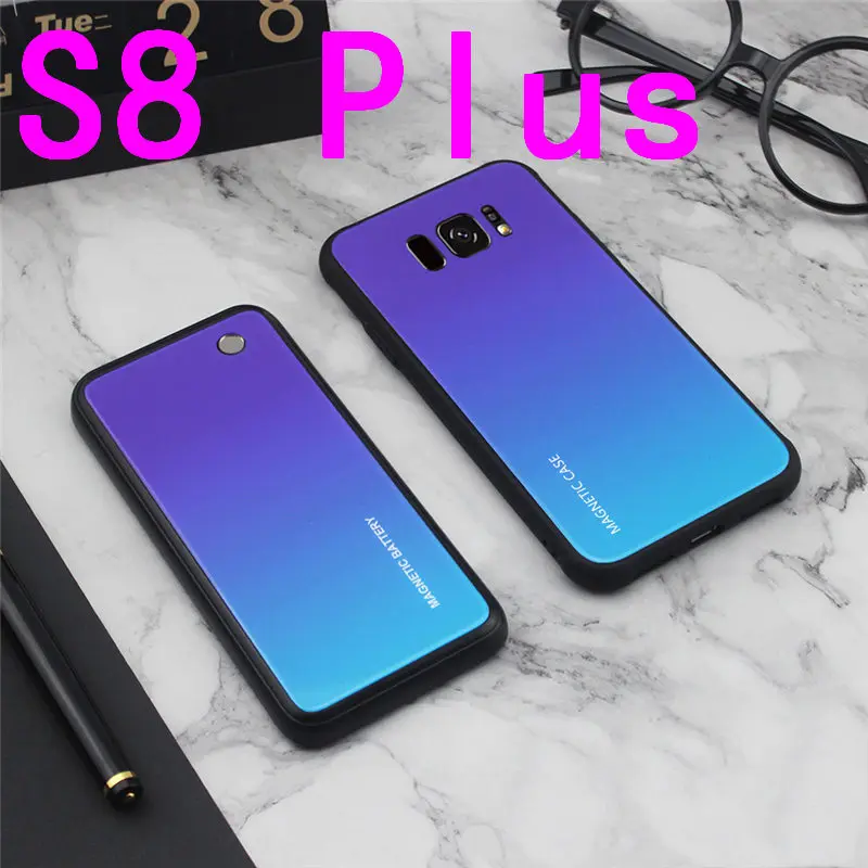 S8 Plus-Purple Тонкий градиентный магнитный беспроводной Чехол для зарядного устройства из закаленного стекла для samsung Galaxy S8 S9 Plus power Bank чехол для зарядки аккумулятора - Цвет: S8 Plus-Purple