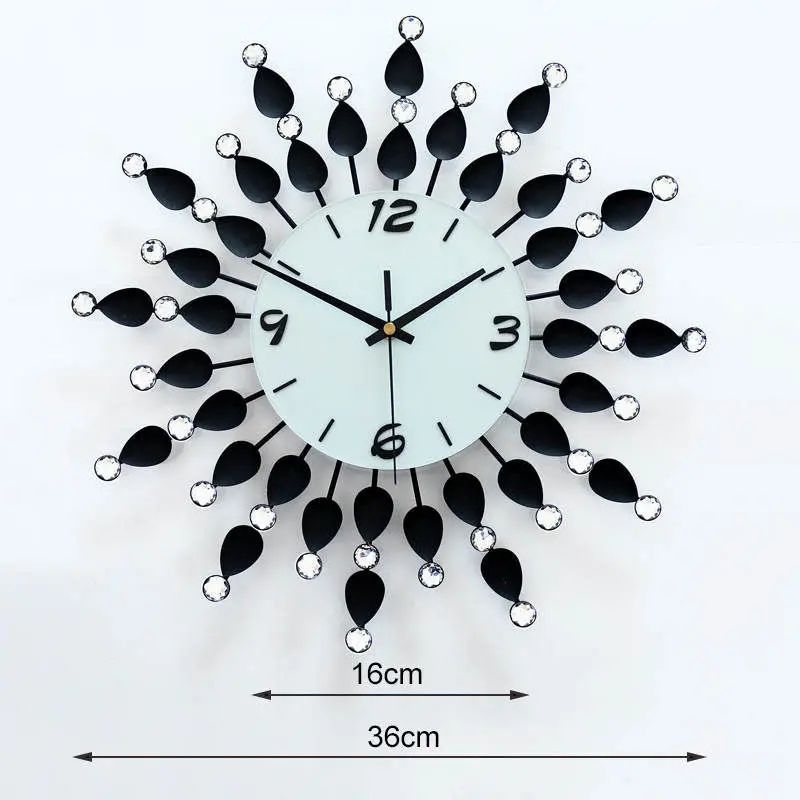 Diameter 36CM Черные большие настенные часы современный дизайн настенные наклейки для гостиной Модные металлические настенные часы с кристаллами настенные часы для спальни дома - Цвет: Diameter 36CM