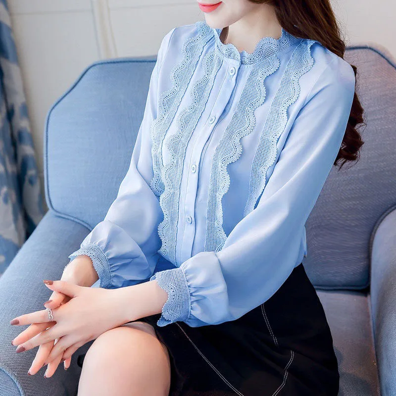 Lace blouse Autumn New blusa feminina Women tops long sleeved Korean Office lady Chiffon shirt Ruffles clothing DF2376 | Женская одежда