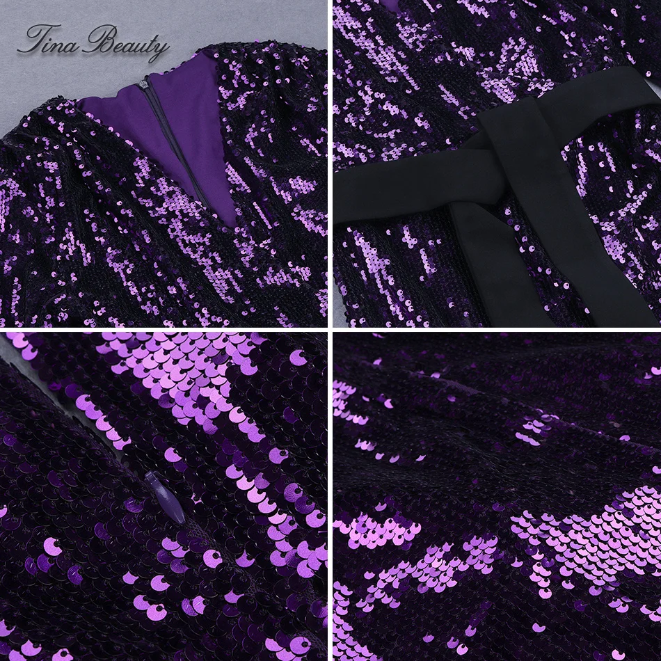 

Womens Purple Sequin Sashes Mini Dress Streetwear Vestidos De Fiesta Shinning Sexy V Neck Full Sleeve Cargidan Party Dresses