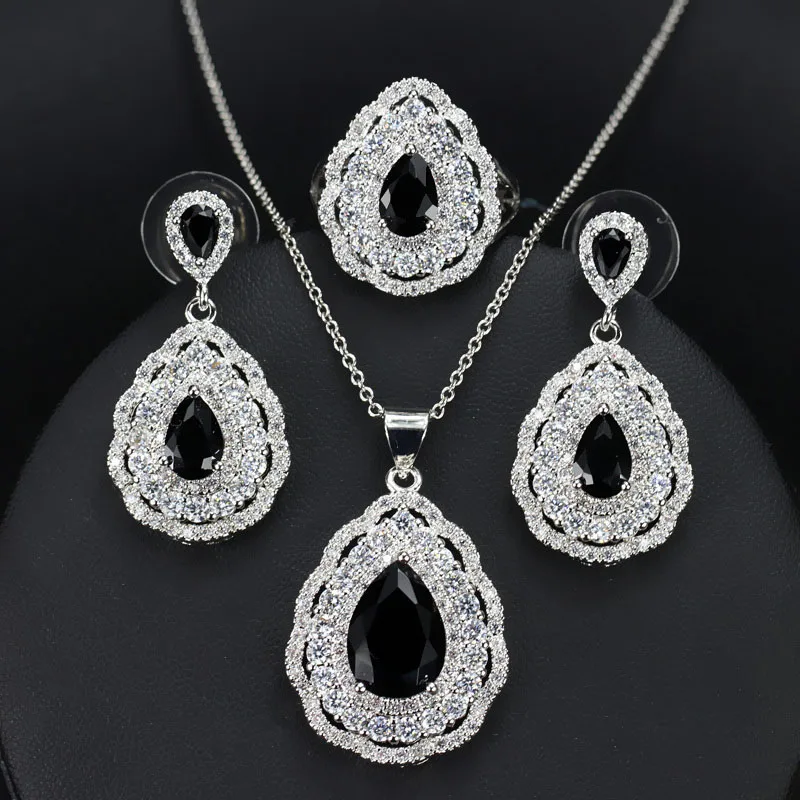 black CWWZircons 3 слоя кубического циркония мощеная Капля воды голубая Серьга ожерелье кольцо 925 серебро набор украшений для женщин T283 - Окраска металла: black