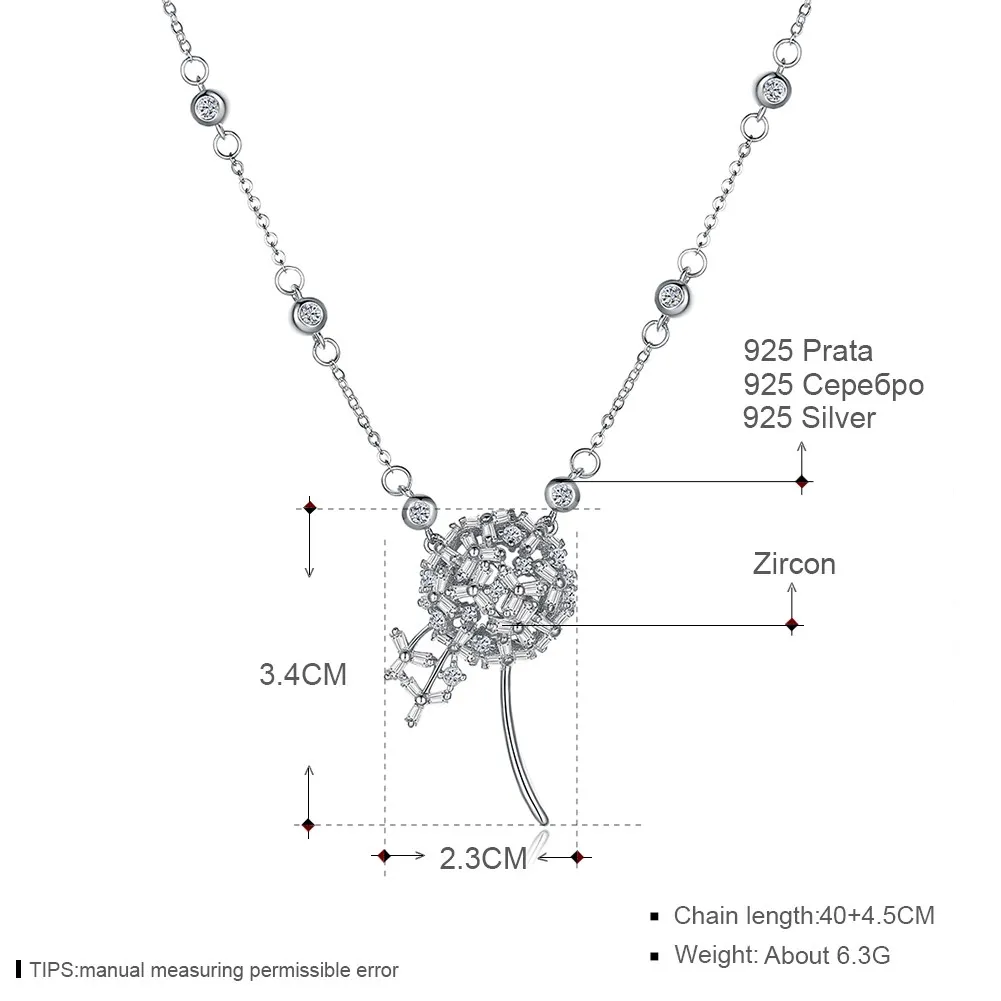Luxury Zircon Clear Crystal Dandelion Pendant Necklace for Women Girl Gift Romantic 925 Sterling Silver Chain Jewelry Kolye | Украшения и