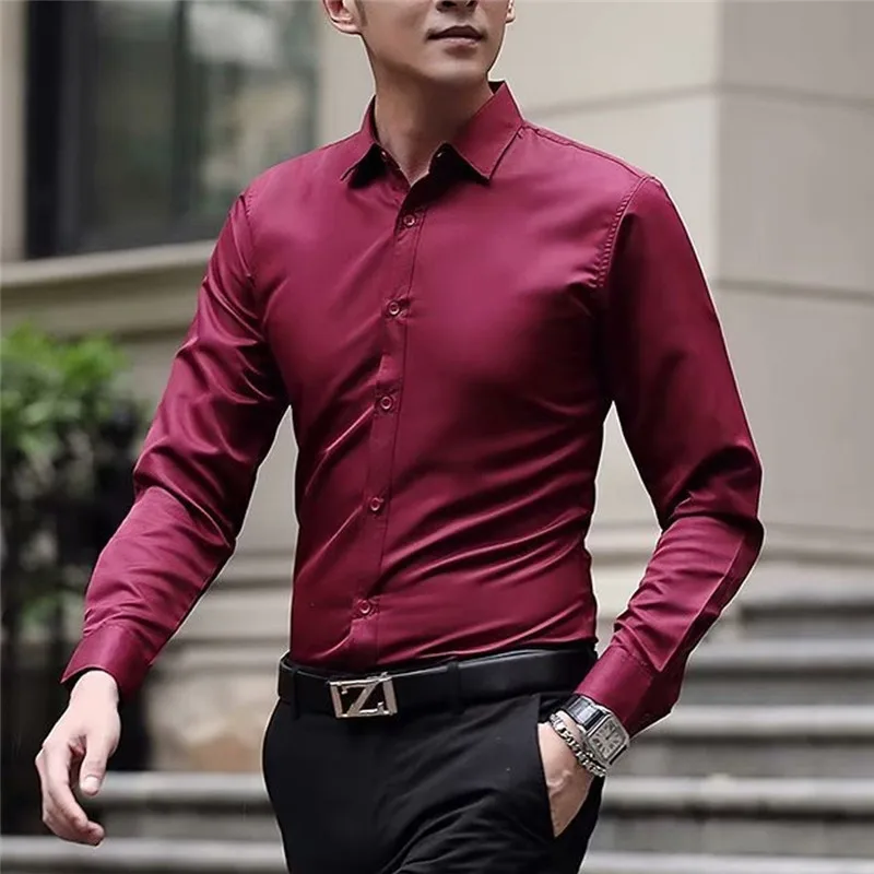 New Men's Fashion Solid Business Wedding Bridegroom Formal Slim Fit Shirts Male Groomsman Cotton Long Sleeves Basic Shirt | Мужская