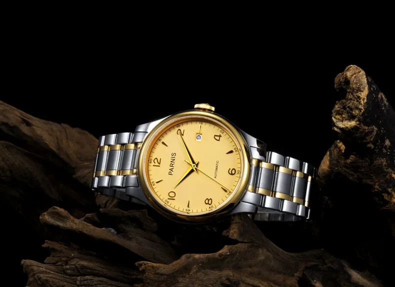38 мм Parnis часы золотой Стальной ремешок Механические наручные часы montre homme Япония Miyatota сапфировые хрустальные часы