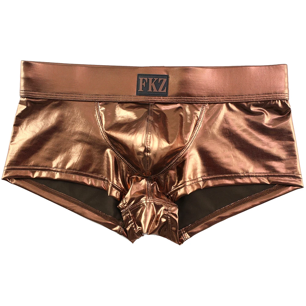 Coffee Men Boxer Shorts Sexy Male Low Rise PU Leather U Bulge Underwear Gay Party Club Boxers Shorts Bikini Underpants Cueca - Цвет: Coffee