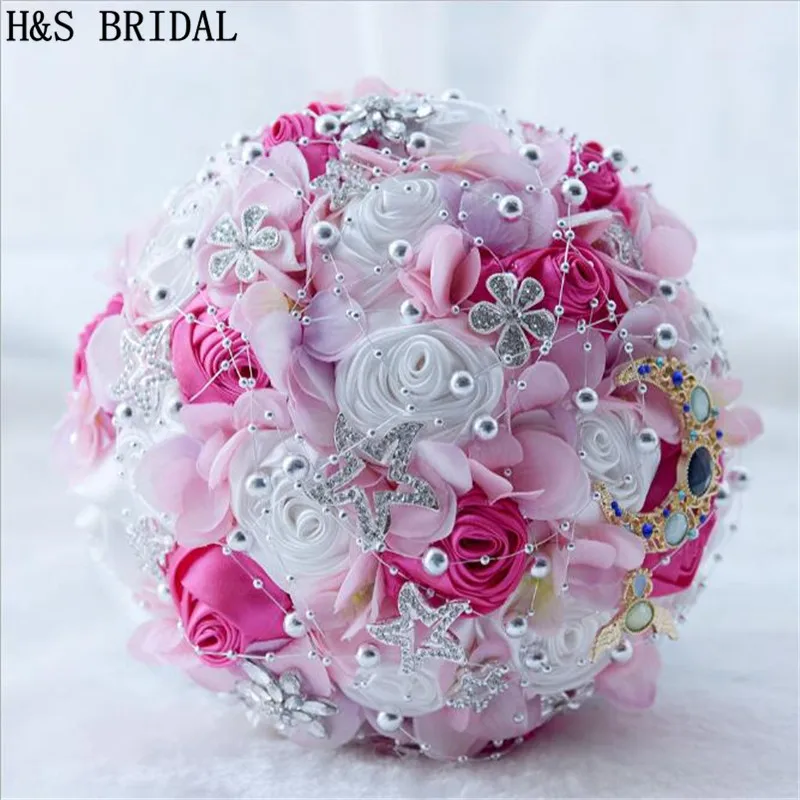 

H&S BRIDAL Wedding Decoration Bridal Bouquets de mariage Pink Ivory 2020 Artificial Wedding Bouquet Crystal Sparkle With Pearls