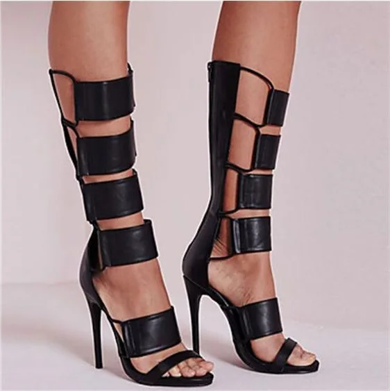 Женские кожаные босоножки в римском стиле черные до колена с вырезами и открытым