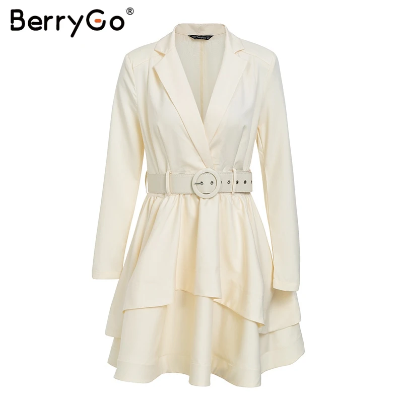 BerryGo элегантное белое с оборками отложным воротником мини платье поясом высокой