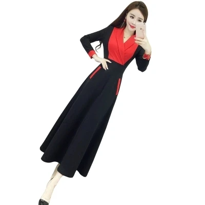 

Fashionable ladies 'dress 2019 New Korean ladies' temperament suit collar hit color stitching dress TX51