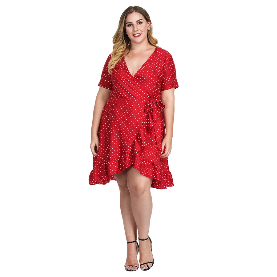 Женское красное платье в горошек размера плюс Элегантное летнее сексуальное