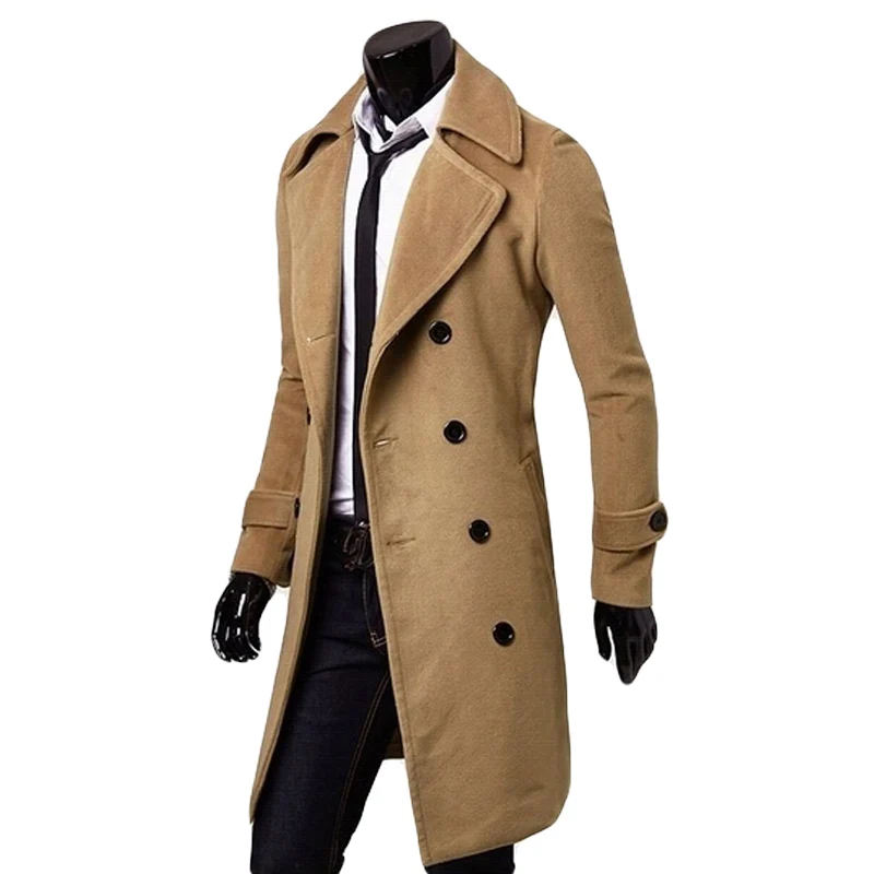2016 new trench coat men solid color long mens slim fit Double Breasted Overcoat 3 colors Black | Тематическая одежда и