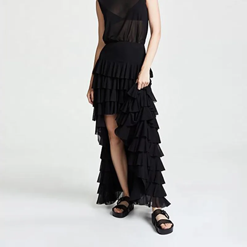 

Newest Sweet Ruffled Asymmetric Skirts Long Vintage Black Skirts Women 2019 High Low Ruffle Layers Cake Tulle Skirt Custom