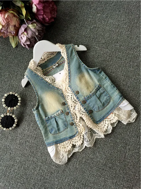 Wholesale(5pcs/lot)- summer SPRING lace water wash denim vest for girl