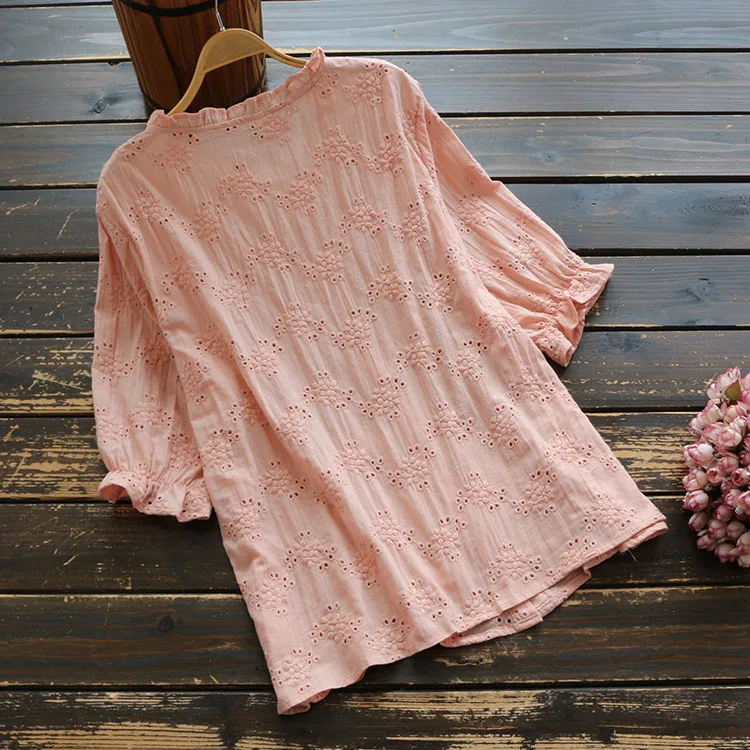 Однотонная Милая рубашка с короткими рукавами и вышивкой оборками блузка
