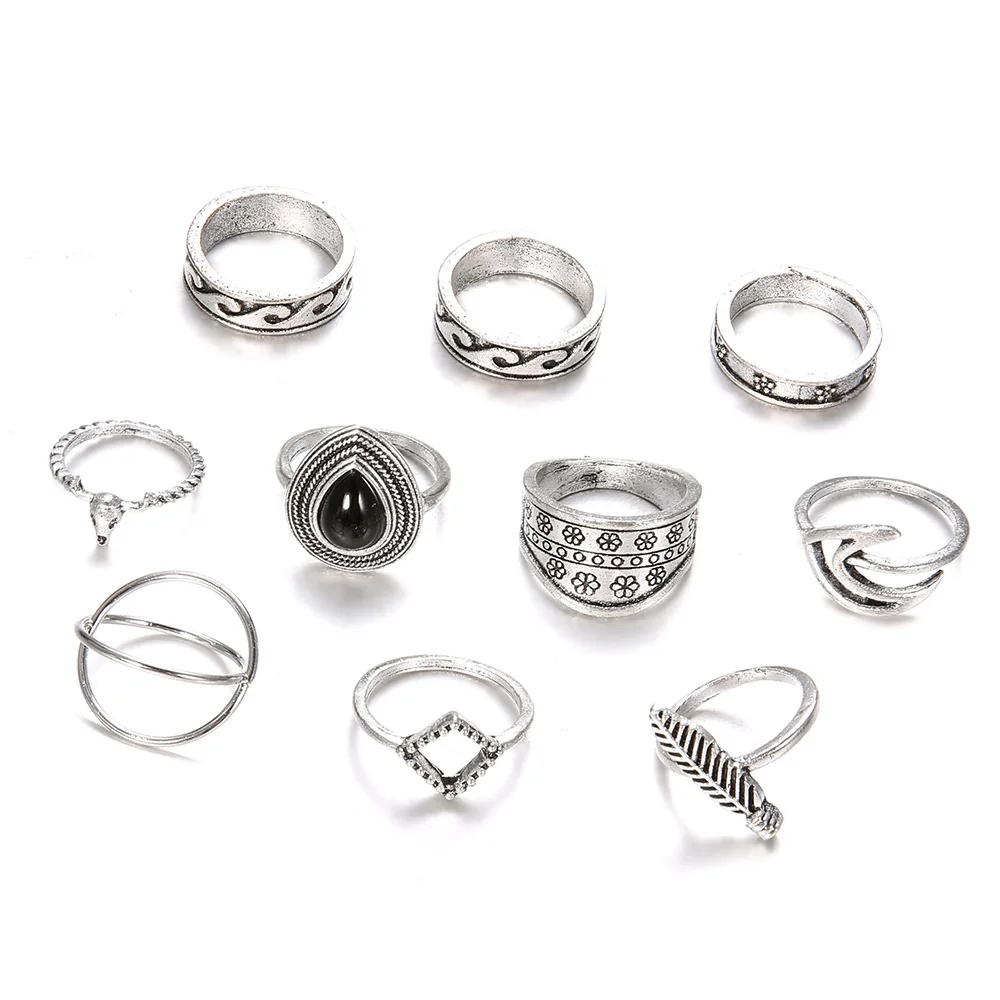 

10pcs of pack vingate geometric knuckle rings for women with carved leaf and black resin teardrop design female knokkels rings