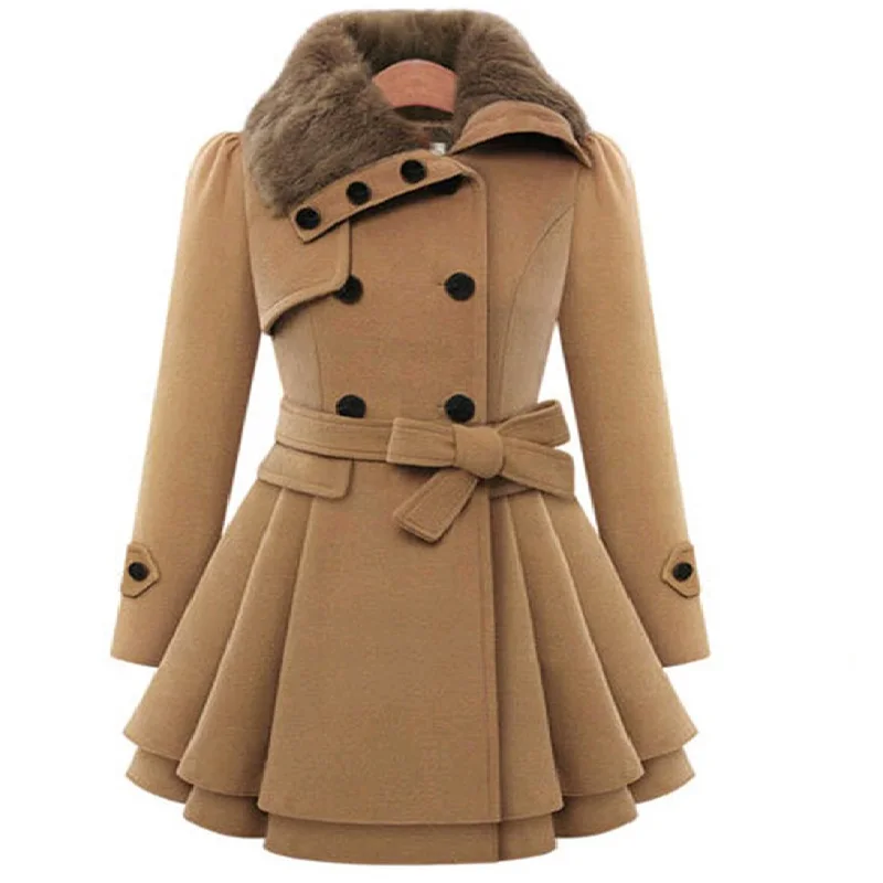 

New Autumn Winter Women Coats Collect Waist Slim Double Breasted Solid MD-Long Thick Woolen Blends Overcoat For Females Outwear