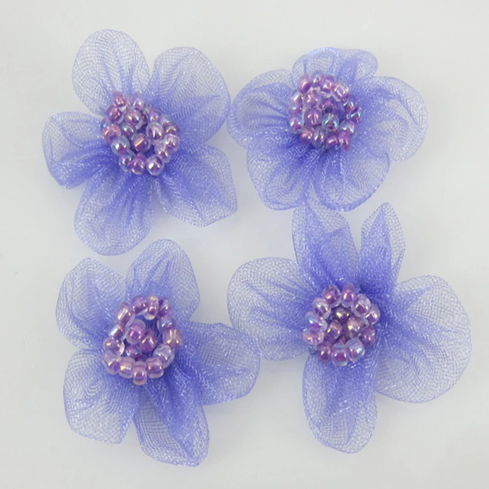 40Pcs/Lot Handmade Purple Silk Organza Glass Seed Beads Flower Appliques Trim/Wedding/Dress/Craft/DIY 25mm | Дом и сад