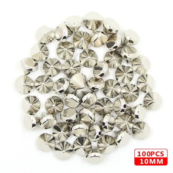 10MM Cone Sliver 100 шт шьют заклепки CCB пирамиды конусные заклепки все виды пластиковых шпильки серебристые золотые черные шипы для кожаной одежды аксессуары DIY - Цвет: 10MM Cone Sliver