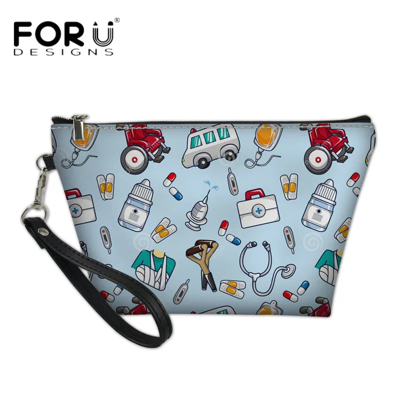 FORUDESIGNS/косметички с милым мультяшным принтом медсестры, модные женские кожаные сумки для макияжа, повседневный органайзер для путешествий, сумка для девушек